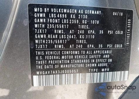 2018 Volkswagen Tiguan Limited 2.0T z USA, uszkodzony, nr VIN WVGAV7AX3JK005057